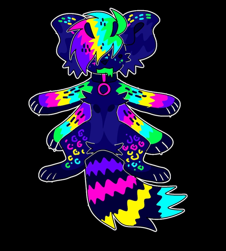 May include: A neon-colored cartoon animal with a black body, pink, blue, green, and yellow markings, and a long, striped tail.