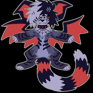 May include: A cartoon illustration of a purple and black creature with red wings and a tail. The creature has a black collar with red studs and a white and black face with one red eye.