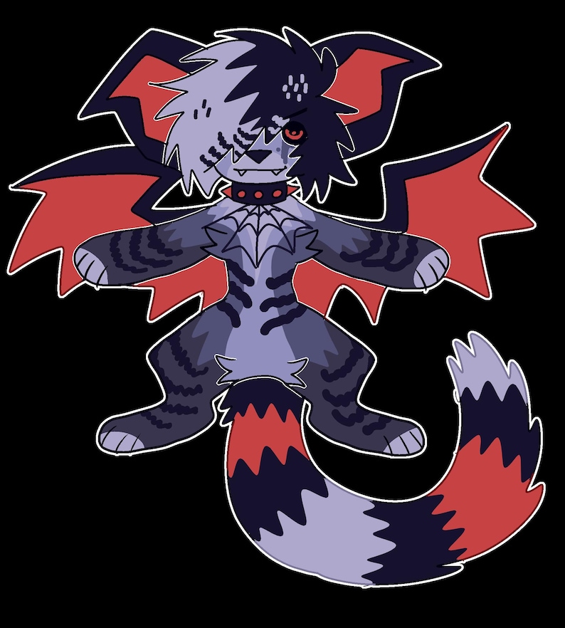 May include: A cartoon illustration of a purple and black creature with red wings and a tail. The creature has a black collar with red studs and a white and black face with one red eye.