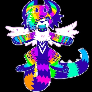 May include: A colorful cartoon creature with rainbow fur, wings, and a tail. The creature has a black collar with a green circle and a white letter "W" on its chest.