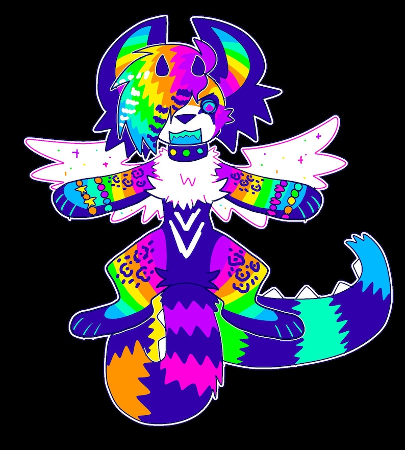 May include: A colorful cartoon creature with rainbow fur, wings, and a tail. The creature has a black collar with a green circle and a white letter "W" on its chest.