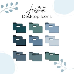 Könnte beinhalten: Neun Sätze von Ordnersymbolen in verschiedenen Blautönen und Grüntönen. Die Symbole sind in drei Reihen mit jeweils drei Symbolen angeordnet. Der Text "Aesthetic Desktop Icons" befindet sich oben im Bild.