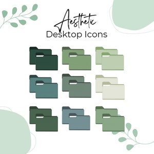 May include: Nine sets of folder icons in various shades of green, blue, and beige. The icons are arranged in three rows of three. The text "Aesthetic Desktop Icons" is at the top of the image.
