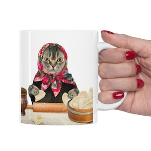 Polish Gift Mug, Pierogi Making Babushka Cat, Funny Polish Gift for Polish Cat Lovers,Ceramic Mug 11oz for Polish mom, Polish Dad
