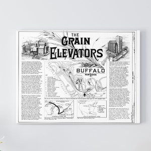 May include: Black and white illustration of the grain elevators in Buffalo, New York. The illustration includes a map of the area and text describing the history of the grain elevators.