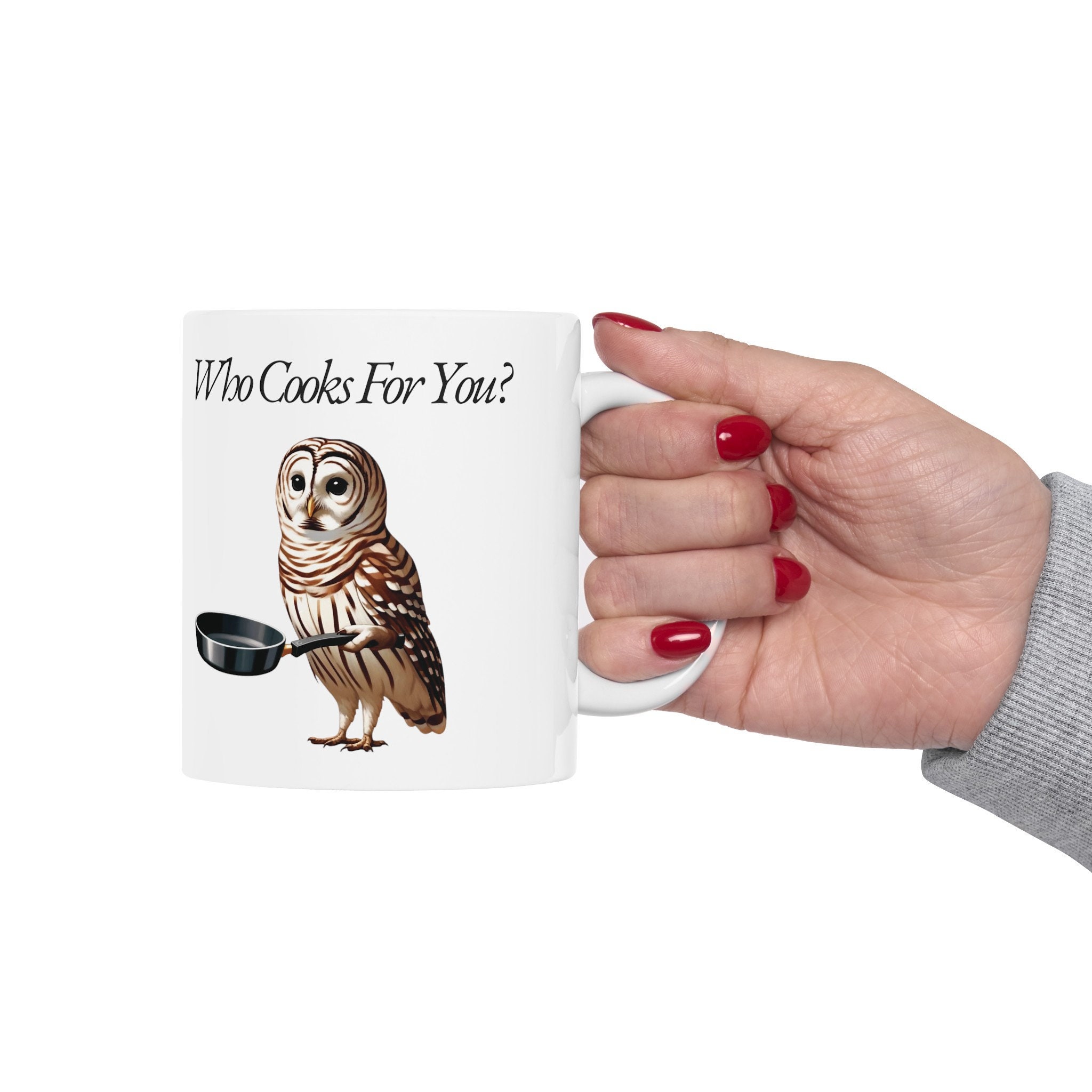 Barred Owl Mug: "Who Cooks For You" Bird Lover Gift (11oz, 15oz)