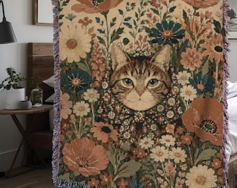 Manta tejida decorativa artística para el hogar Babushka Cat-Tabby Garden