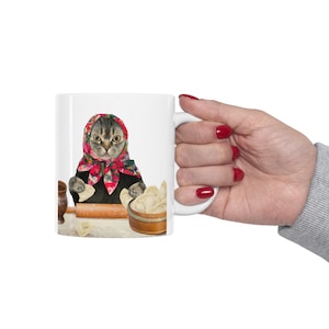 Polish Gift Mug, Pierogi Making Babushka Cat, Funny Polish Gift for Polish Cat Lovers,Ceramic Mug 11oz for Polish mom, Polish Dad