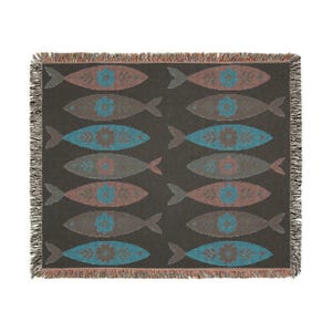 Sweedish Folk Art Fish Woven Blanket- Heirloom Artistic Throw, Scandi Home Decor image 2