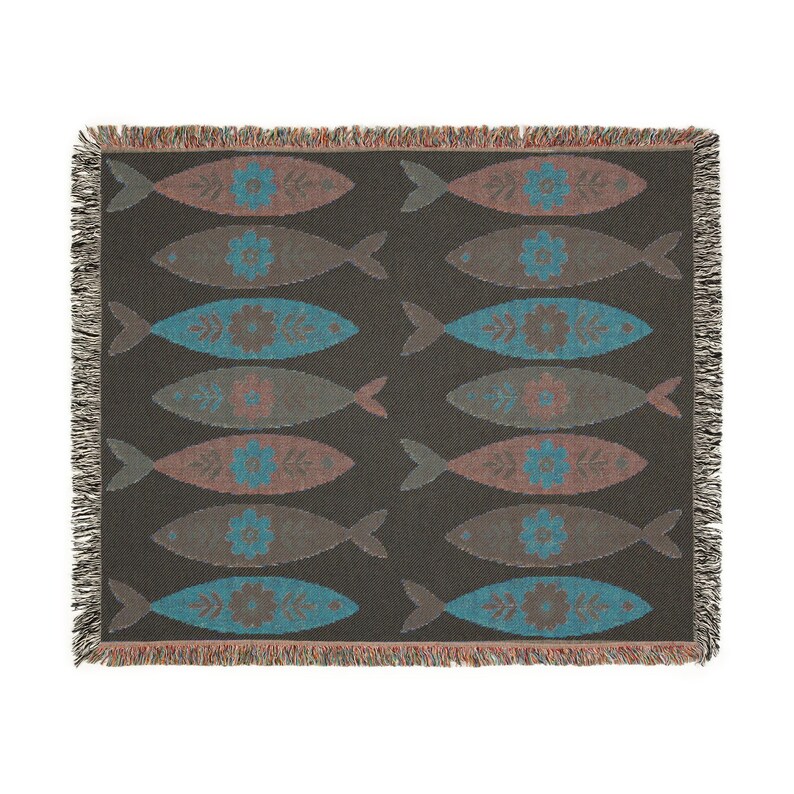 Sweedish Folk Art Fish Woven Blanket- Heirloom Artistic Throw, Scandi Home Decor image 2