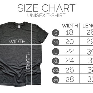 K&ouml;nnte beinhalten: Gr&ouml;&szlig;entabelle f&uuml;r ein Unisex-T-Shirt. Die Tabelle zeigt die Breite und L&auml;nge in Zoll f&uuml;r die Gr&ouml;&szlig;en S, M, L, XL, 2XL und 3XL.