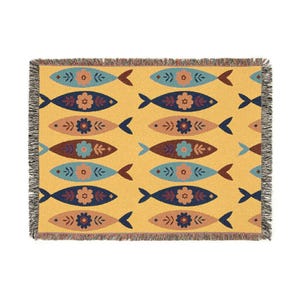 Sweedish Folk Art Fish Woven Blanket- Heirloom Artistic Throw, Scandi Home Decor image 5