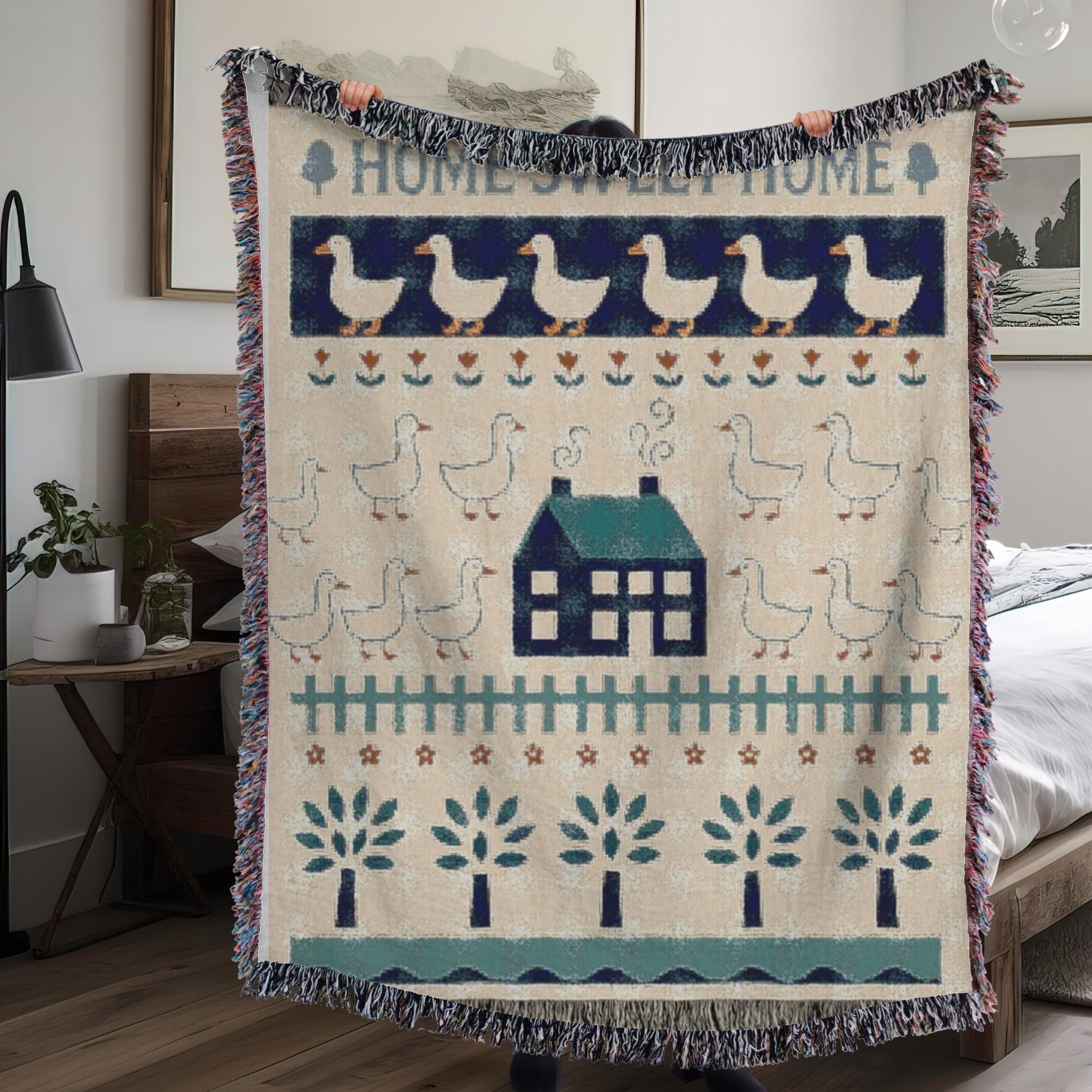 80s Cottagecore Goose Woven Blanket: Soft Cotton Throw - Etsy