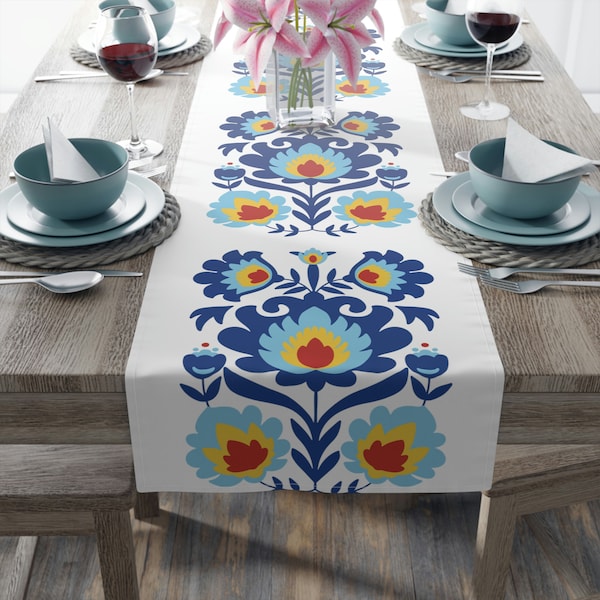 Polish Folk Art, Wycinanki Pattern Blue and White, Yellow Table Runner (Cotton Twill)