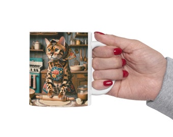 Pierogi Cat, Babushka Bengal Cat Ceramic Mug 11oz for Bengal Cat Lovers