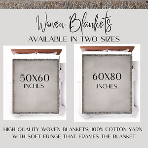 May include: Image of woven blankets available in two sizes. One blanket is 50x60 inches, the other is 60x80 inches. The blankets are made of 100% cotton yarn with a soft fringe. The text reads: Woven Blankets, Available in Two Sizes.