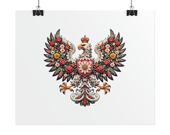 May include: A white eagle with a crown on its head, surrounded by colorful flowers, with a shield on its chest. The eagle is a stylized representation of the Polish national bird.