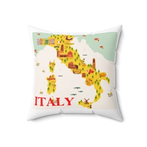 Almohada con mapa de Italia, regalo italiano, decoración italiana, iconos italianos, diseño, decoración mediterránea, almohada cuadrada de poliéster hilado