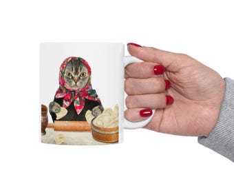 Taza de gato Pierogi: Divertido regalo de babushka polaca, cerámica de 325 ml