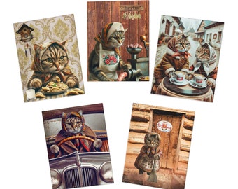 Babushka Cat Greeting Cards, Multi-Design Greeting Cards (5-Pack) for Polish Cat Lovers