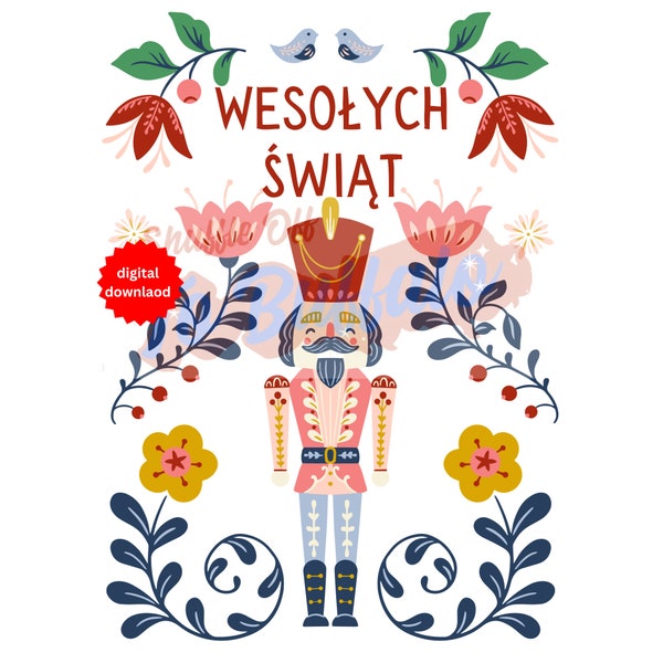 Carte de Noël polonaise imprimable, Wesołych Świąt, fichier numérique de carte plate imprimable uniquement, aucun article physique