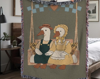 Goose Couple, 80's Cottagecore Country Goose Woven Blanket - Home Decor