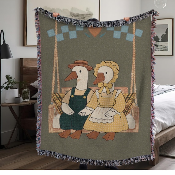 Goose Couple, 80's Cottagecore Country Goose Woven Blanket - Home