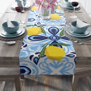 Italian Decor, Italian Blue Scroll and Lemon Table Runner (Cotton Twill)