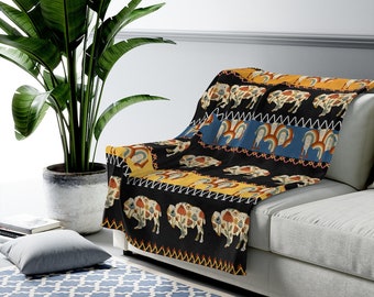 Buffalo Folk Art Cottage Style, Bison, Buffalo, Aztec Folklore Velveteen Plush Blanket