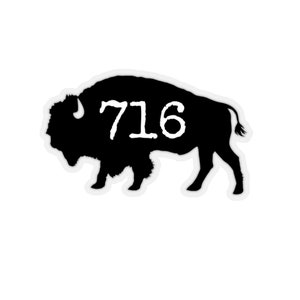 May include: Black silhouette of a buffalo with the number 716 printed in white on its side.