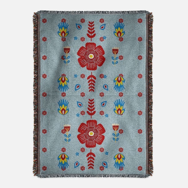 Polish Folk Art Floral Red and Blue Blanket Soft-Touch (Woven)