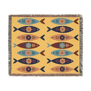 Sweedish Folk Art Fish Woven Blanket- Heirloom Artistic Throw, Scandi Home Decor image 4