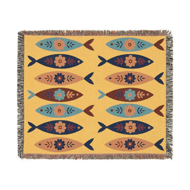 Sweedish Folk Art Fish Woven Blanket- Heirloom Artistic Throw, Scandi Home Decor image 4