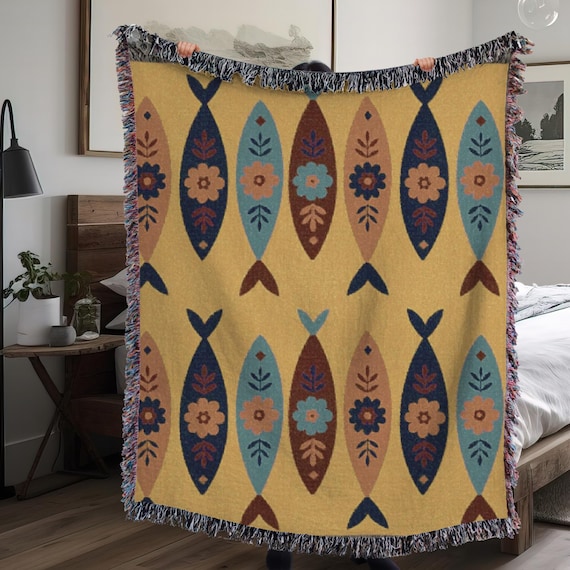 Sweedish Folk Art  Fish Woven Blanket- Heirloom Artistic Throw, Scandi Home Decor