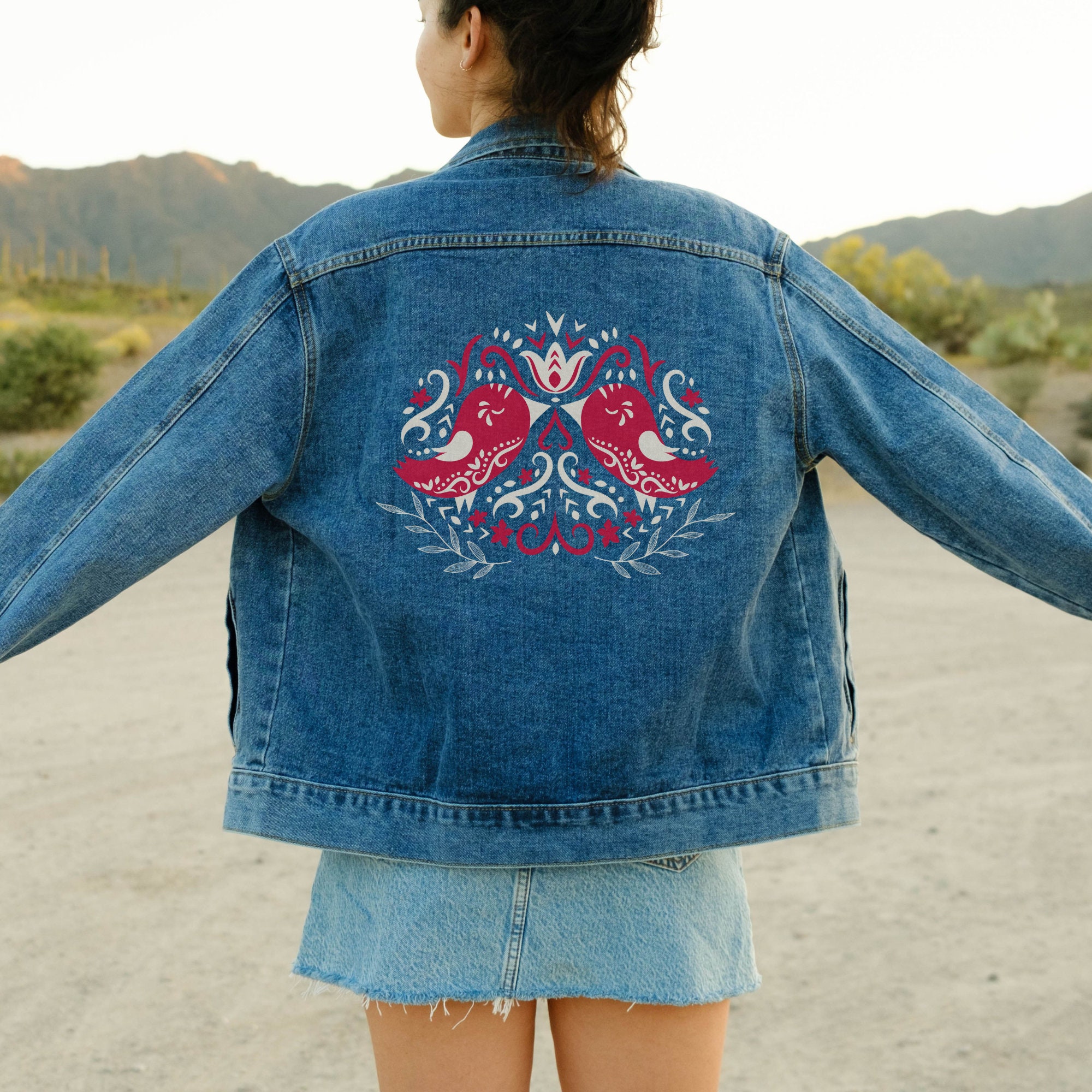 Polish Folk Art Denim Jacket: Wycinanki Pattern, Oversized Fit - Etsy