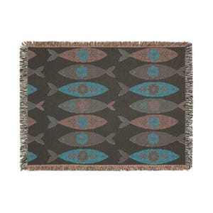 Sweedish Folk Art Fish Woven Blanket- Heirloom Artistic Throw, Scandi Home Decor image 3
