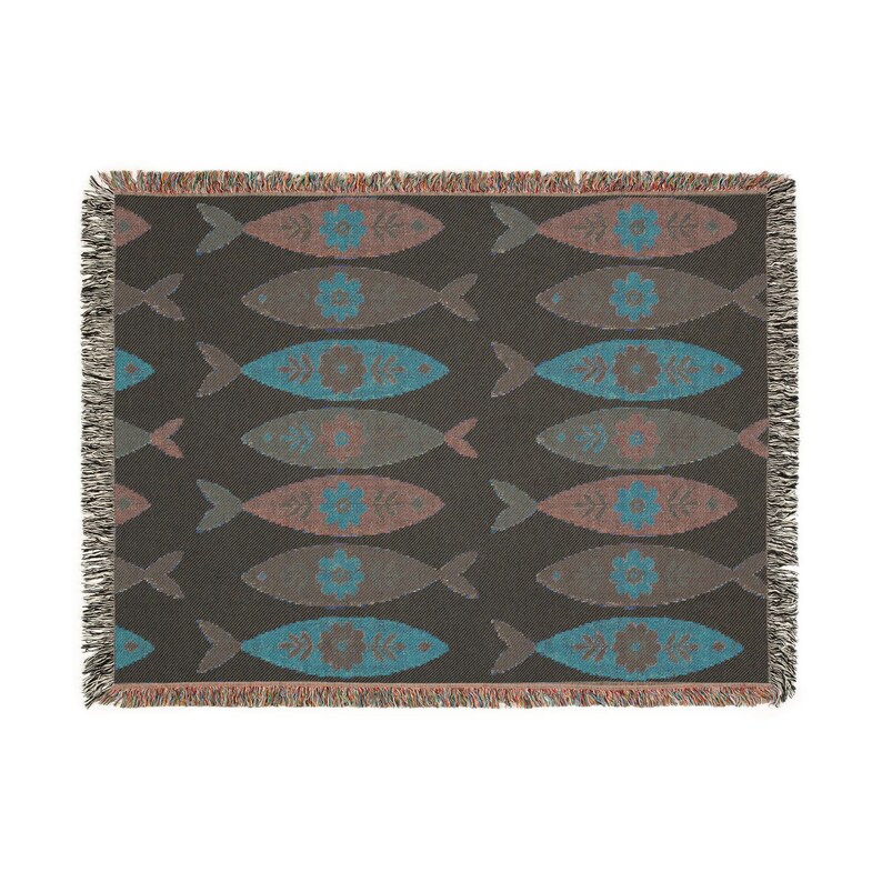 Sweedish Folk Art Fish Woven Blanket- Heirloom Artistic Throw, Scandi Home Decor image 3
