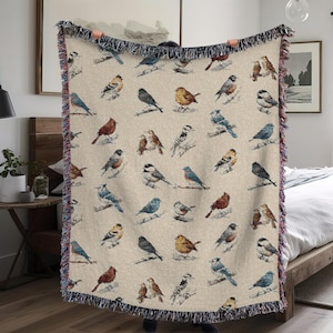 Bird Woven Blanket: Birder Gift, Fringed Cotton Throw