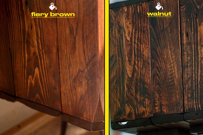 May include: Two side-by-side images of wooden surfaces, one stained "fiery brown" and the other stained "walnut".