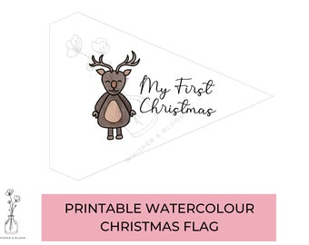 My First Christmas Flag, Christmas DIY Decoration, Printable Reindeer Pennant Flag, Stocking Filler, Stocking Stuffer, Holiday Photo Props