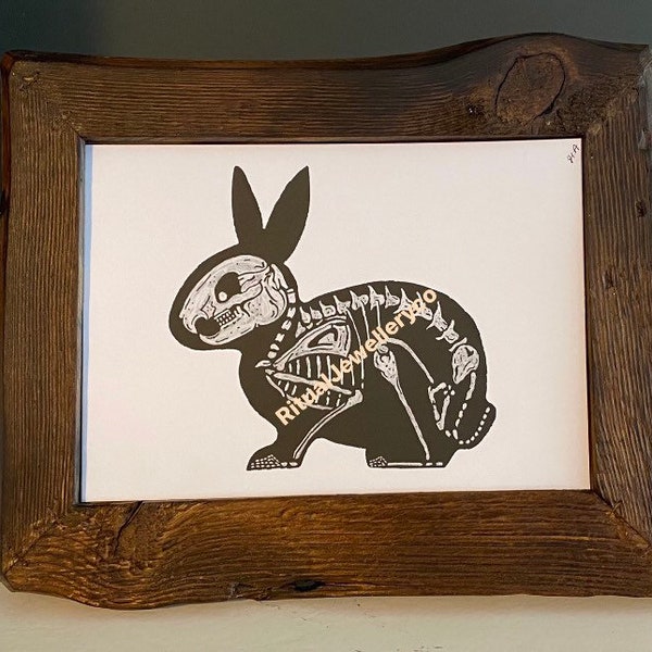 Rabbit skeleton art print, A5 print,animal art, Anatomy art, gothic room decor, gothic art, skeleton print, alternative decor, Halloween