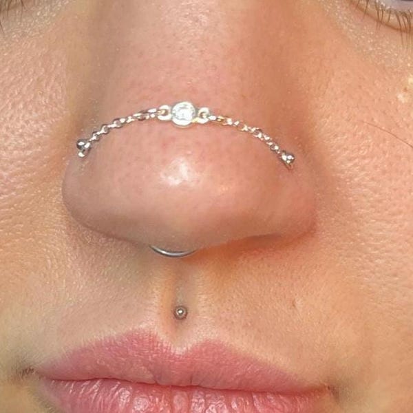 Sterling Silver Gem Nose Chain: Double Piercing Bridge Chain