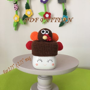 Marshmallow Mug Turkey Crochet Hat Pattern: Thanksgiving Tiered Tray Decor (PDF Download, US Terms)