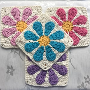 Patrón de crochet de margarita cuadrada de la abuela (PDF), diseño floral patchwork retro colorido (vídeo)