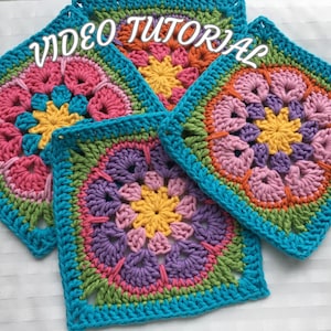 African Flower Granny Square Crochet Pattern, Floral Retro Crochet Motif for Blanket Pillow Afghan Cardigan Bag