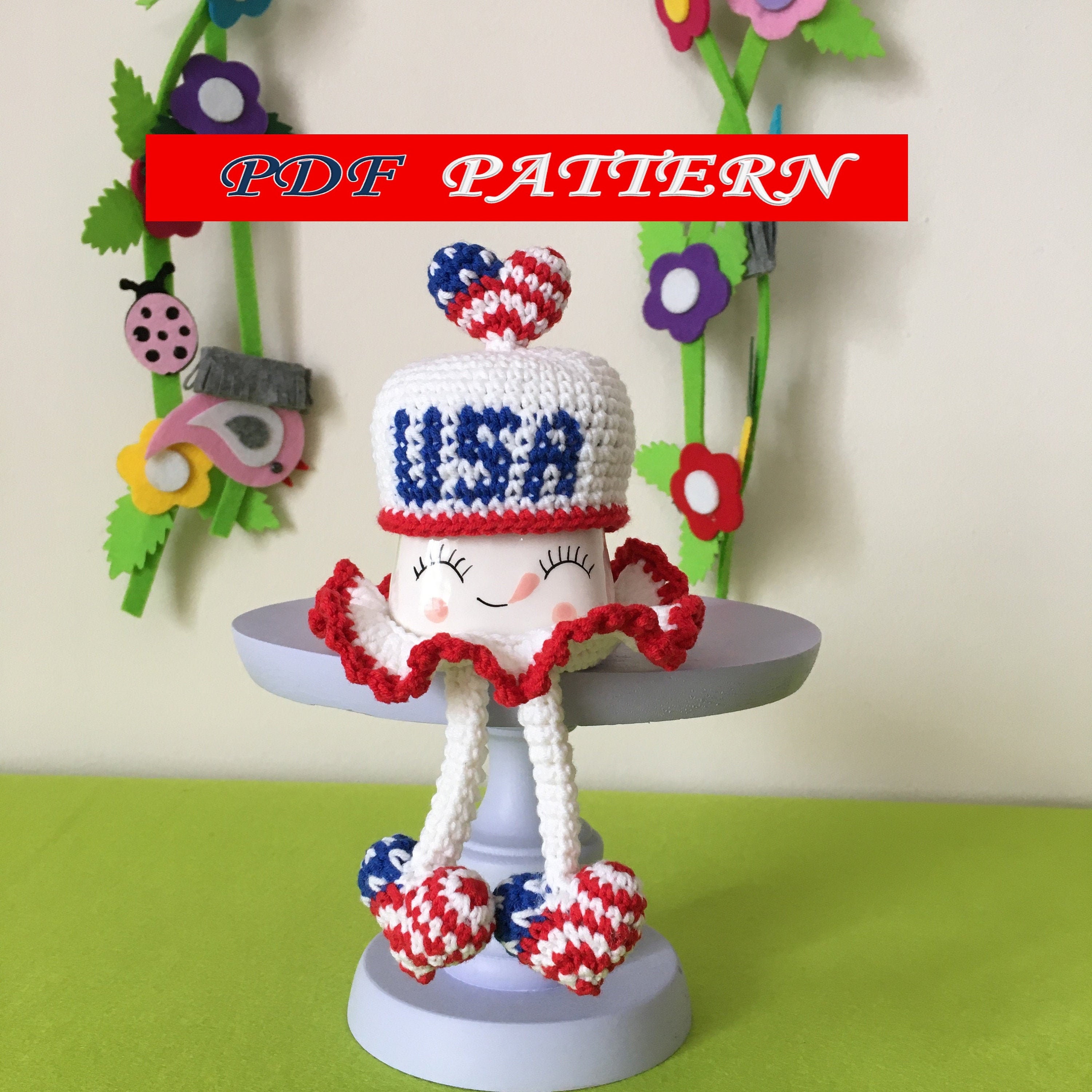 CROCHET PATTERN Marshmallow Mug Patriotic Hat and Skirt Pdf