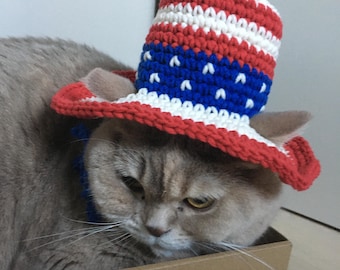 Crochet Patriotic Cat Hat Pattern:  American Flag Pet Costume (PDF Pattern, US Terms)