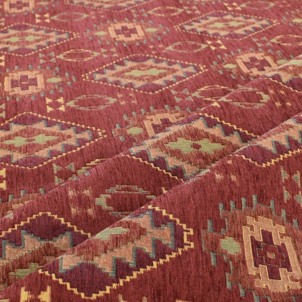 Ethnic tribal style chennille Upholstery Fabric, otantik aztek carpet navajo laguard fabric, geometric red kilim fabric Şark carpet fabric