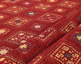 Red Kilim Upholstery Fabric: Geometric Turkish Ottoman Style