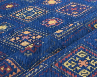 Blue Geometric Upholstery Fabric: Turkish Kilim Style